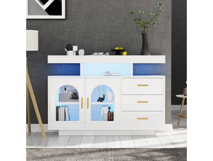 Buffet - TANANT - Buffet bahut moderne - 2 portes - 3 tiroirs - Éclairage LED RGB