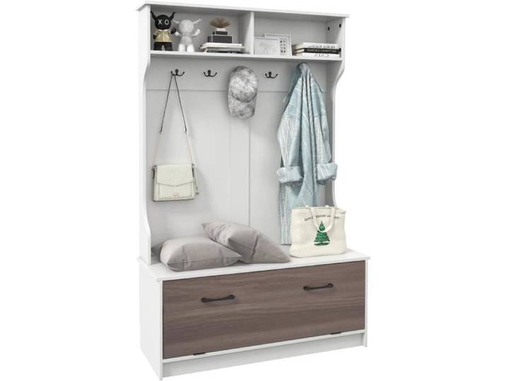 GOPLUS Portemanteaux pour Entrée Meuble Entrée avec Banc Armoire de rangement 5 Crochets Doubles 100X40X160CM Blanc