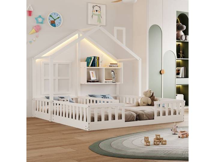 Lit cabane double blanc – 2x90x200 cm – Cheminée LED barrières étagères – Sommier inclus – Idéal chambre partagée