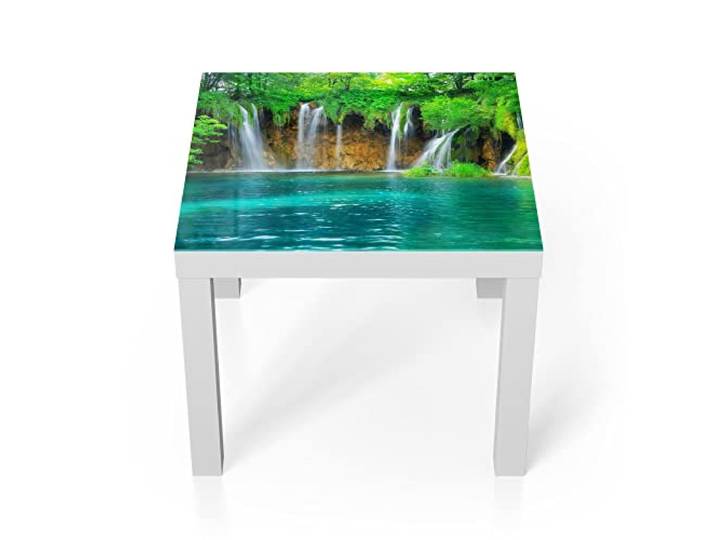 DEQORI Glastisch weiß klein 55x55 cm Motiv Wasserfälle in Kroatien ausgefallener Beistelltisch aus Glas Hochglanz Couchtisch fürs Wohnzimmer moderner Couch Tisch mit Design