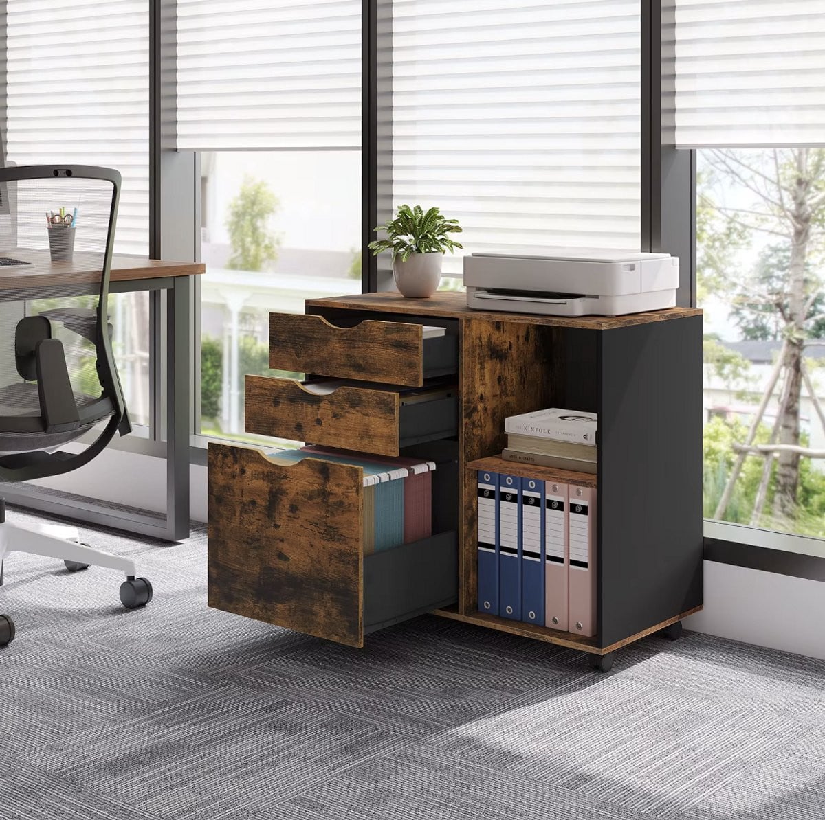 Varnox Archiefkast Mobiele Rolcontainer met 3 Laden in Vintage Bruin/Zwart