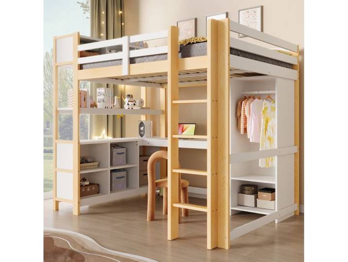 Lit mezzanine 140x200 cm EVRYAE - avec Bureau Étagères et Armoire sans Matelas - Naturel