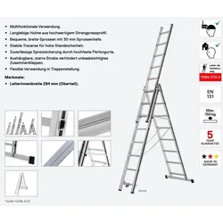Hymer Mehrzweckleiter, dreiteilig 3x8 Sprossen, Länge 2,32-5,11 m