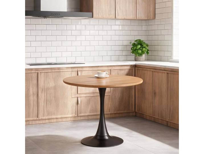Petite table ronde design tulipe 80 cm - Structure métal et plateau MDF effet bois