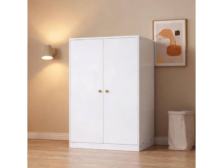 Armoire penderie 2 portes rangement polyvalent pour chambre adulte et chambre d'enfant classic white en MDF format compact