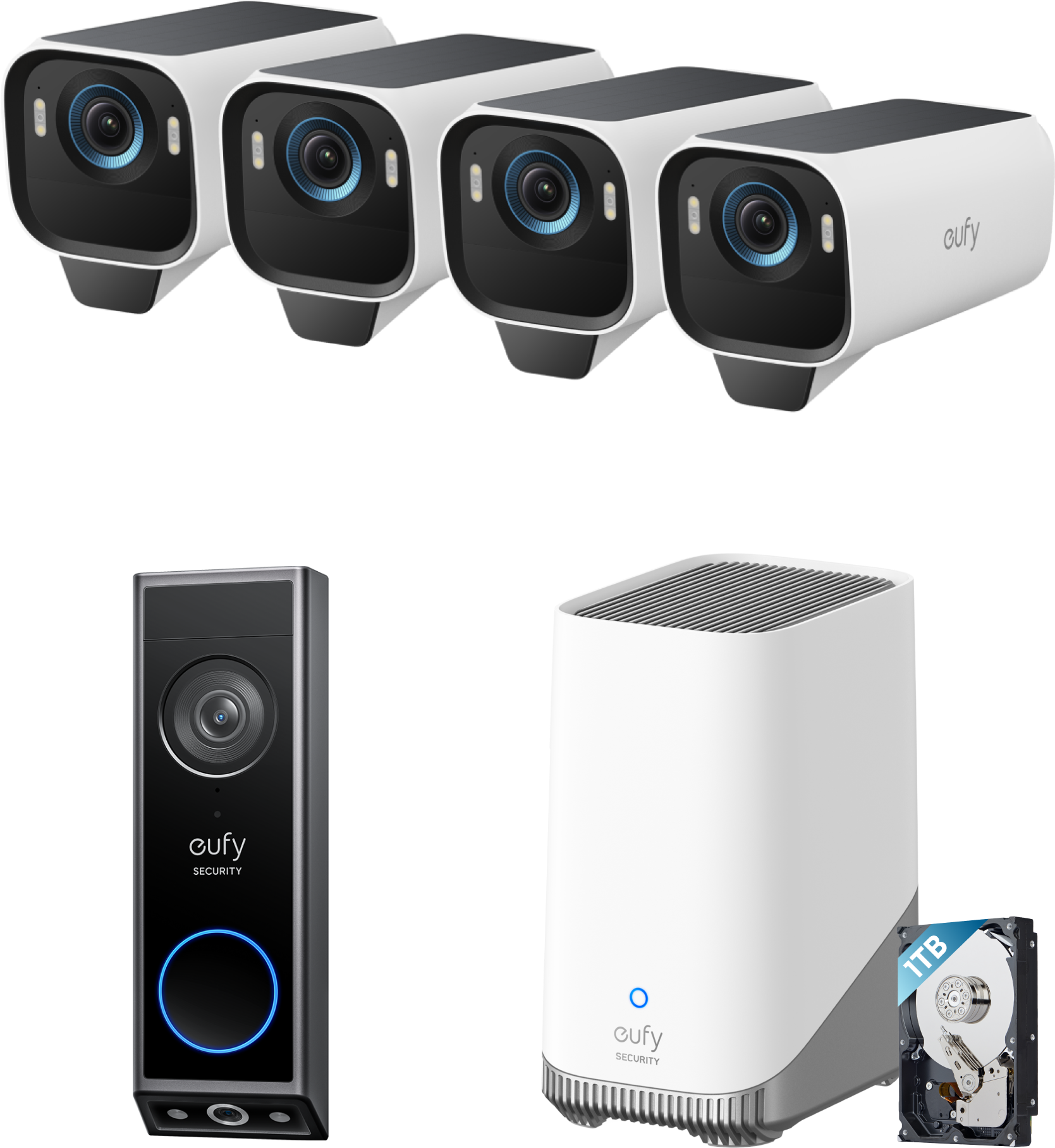eufyCam S3 Pro 4-Cam Kit  + Video Doorbell E340 + 1 TB Hard Drive white