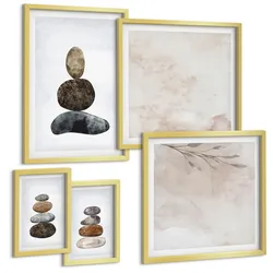 BILDER SET 5er Set - 50x50 cm & 20x30 cm & 40x60 cm Goldrahmen - Steinstapel-Boho-Malerei