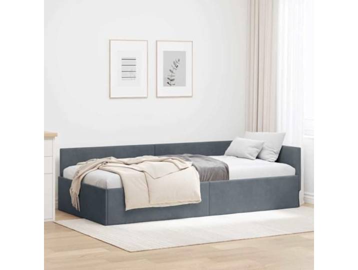 Samt Eckbettgestell Winkelbereich Schlafzimmer 90x190 cm Grau Eckbettgestell mit Kopfteil Dunkelgrau Samt 90x190 cm Lattenrost als Schlafsofa Multifunktional Raumwunder