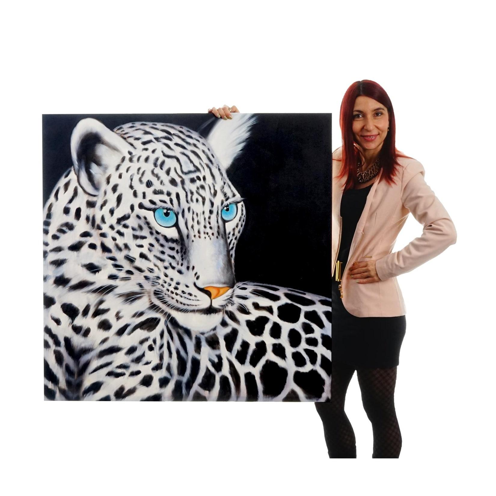 Wandbild Weißer Leopard, 100% handgemaltes Ölgemälde Gemälde XL, 100x100cm