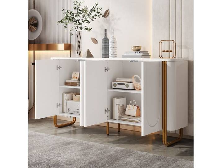 ROVRYN Buffet bas 160 cm blanc et doré 4 portes push-to-open relief arche MDF et pieds métal