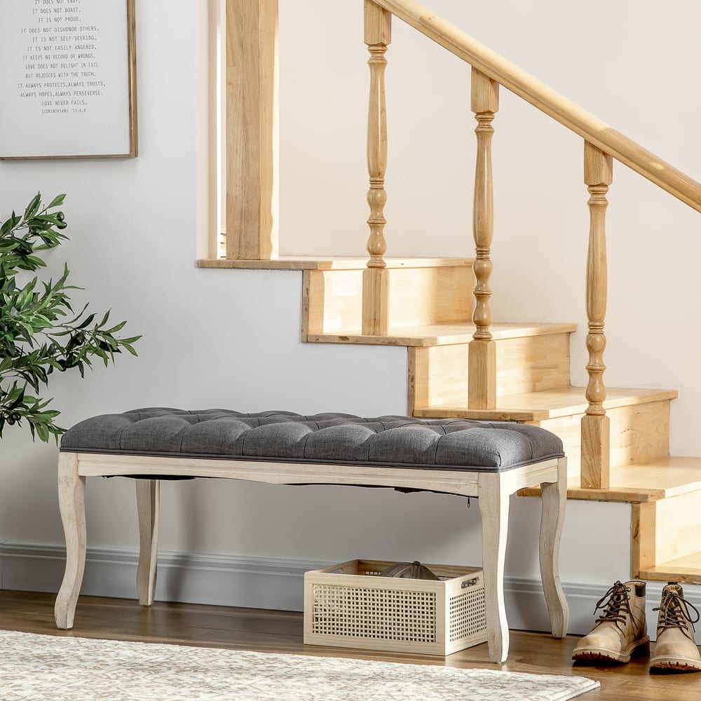 Homcom Banc banquette capitonnée style classique chic pieds bois lin gris Gris 279x122x102cm