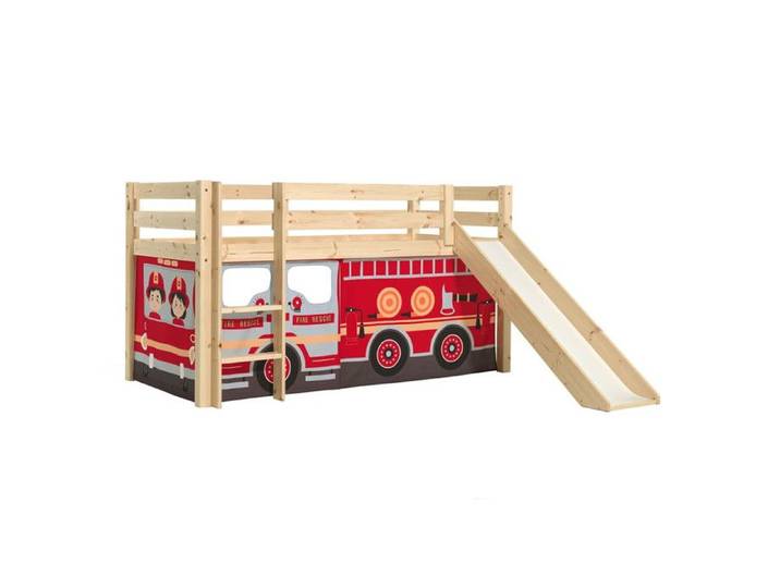 SLEEPY - Lit Mi-Haut Tobogan en Pin Naturel 90x200cm Housse Pompiers
