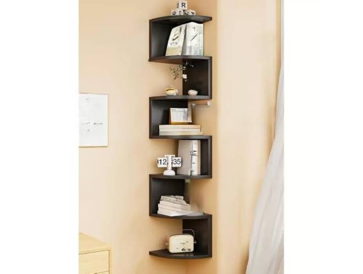 Schweberegal 7 Ebenen, Eckregal Wandmontage, Holzregal platzsparend Einfache Montage, Wohnzimmer, Badezimmer, Flur, Stabile Wandhalterung(Black,W26*H164.4cm)