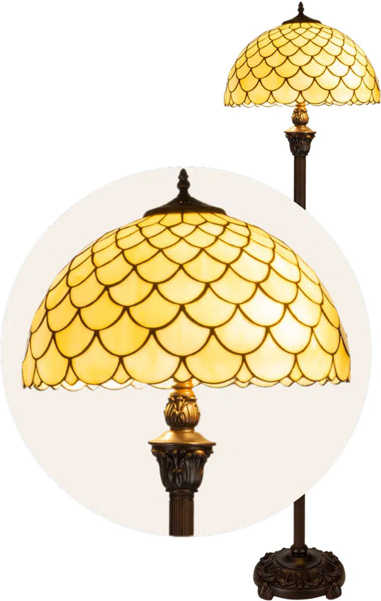 RORUVERA Tiffany vloerlamp schubpatroon in crème-amber met glas in lood, Ø 40 x H 165 cm