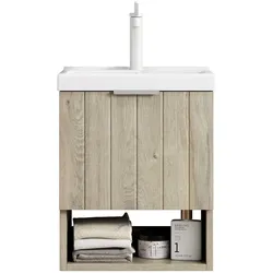 MODFU Badezimmer-Waschtisch 53x42x32 mit Keramikwaschbecken, Gestreifter Schrank, Offenes Regal, Soft-Close Türen, Stauraum, Multiplex, Creme Eiche