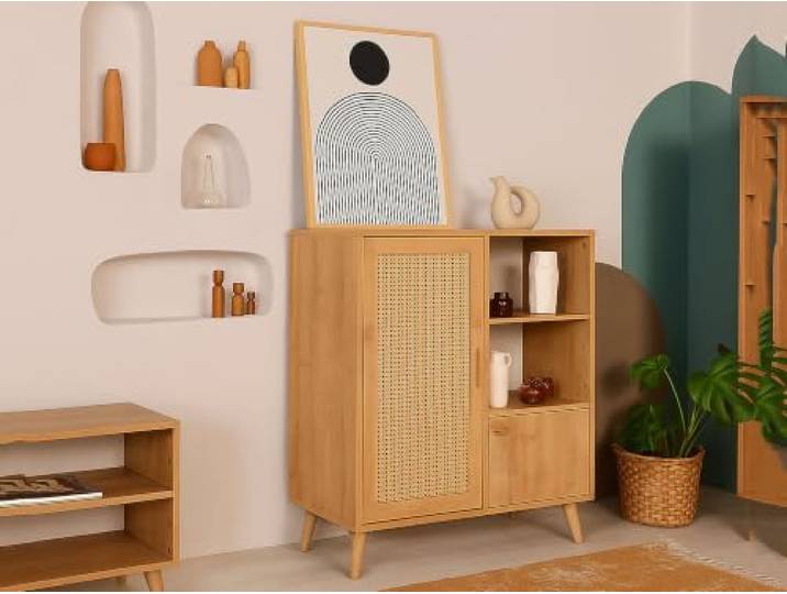 Dmora Astrion Sideboard 90x40x110 cm Braun 4 Regale 2 Türen, Anrichte