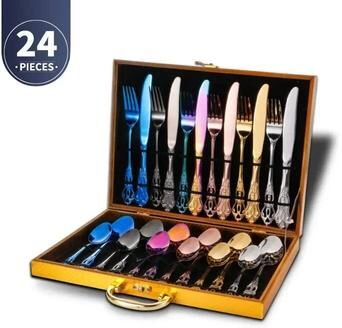 Modern Harvest Tools & Trends Luxury Golden Stainless Steel Cutlery Set Complete Dinnerware In European Gift Box For Retro Christmas Table Setting Mixed 24pcs Box