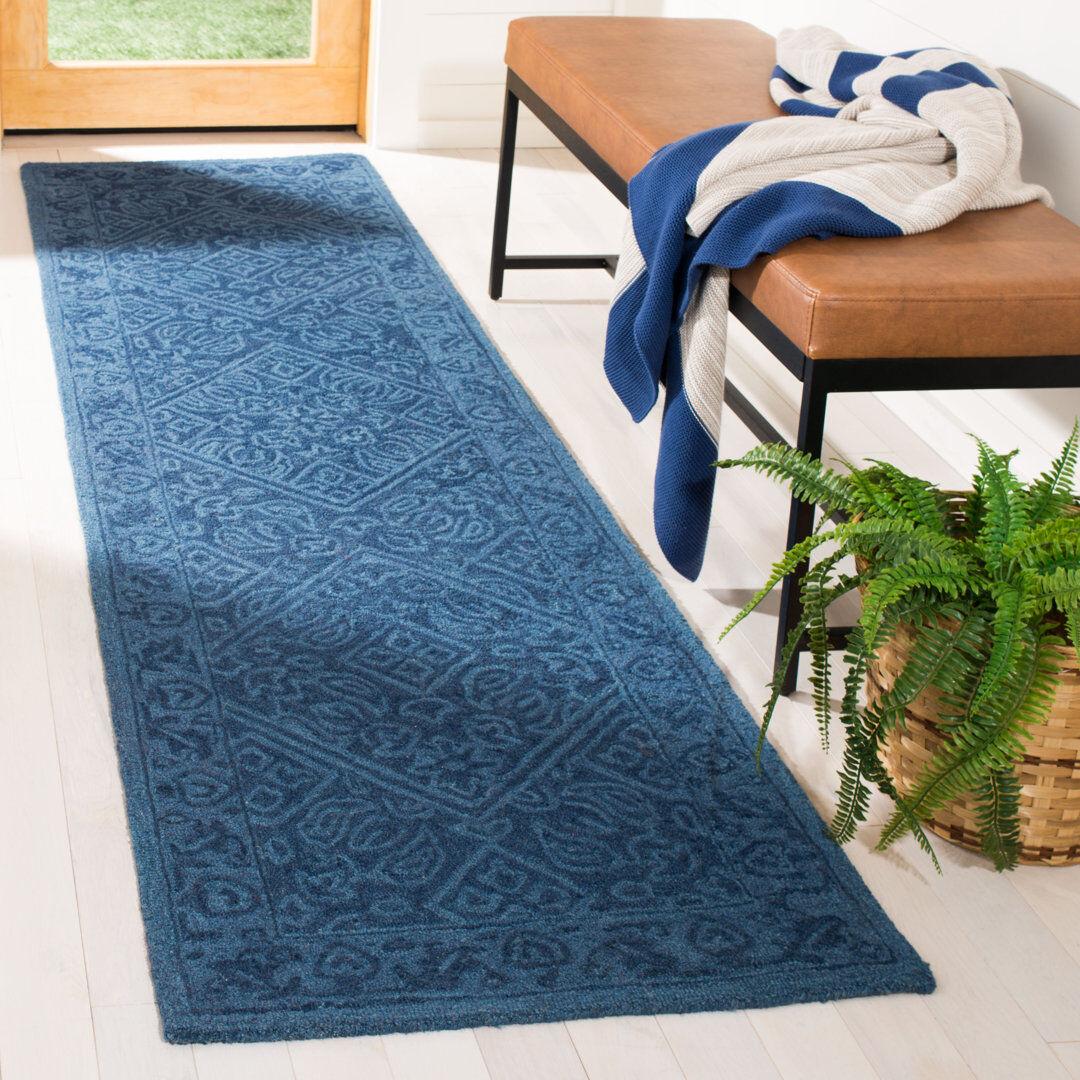 Rosalind Wheeler Dominike Oriental Wool Hand Tufted Area Rug Navy Runner 69 x 213cm
