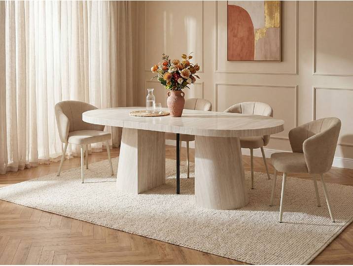 Esstisch ausziehbar für 6 bis +12 Personen aus MDF - Beige Travertin-Effekt - CLOEVA