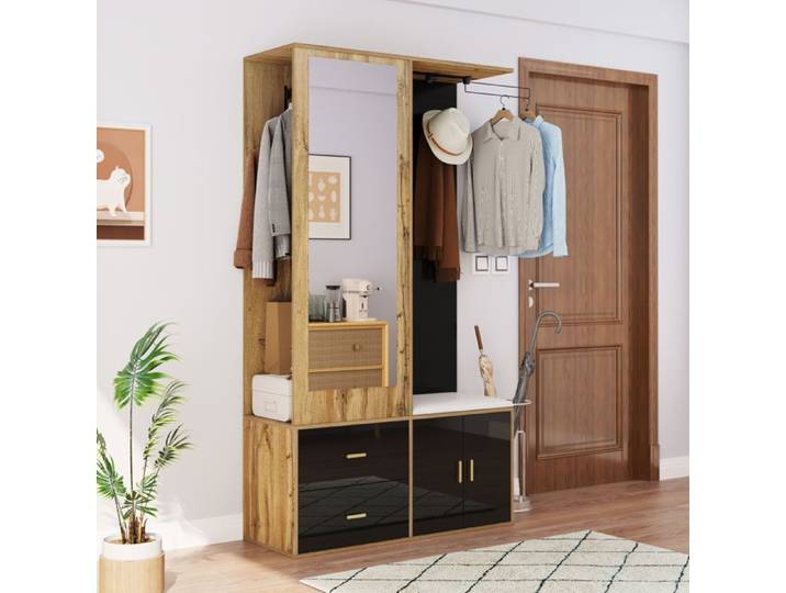 Elégante armoire en bois noir avec miroir étagère pour chaussures penderie avec crochets et cintres rétractables.