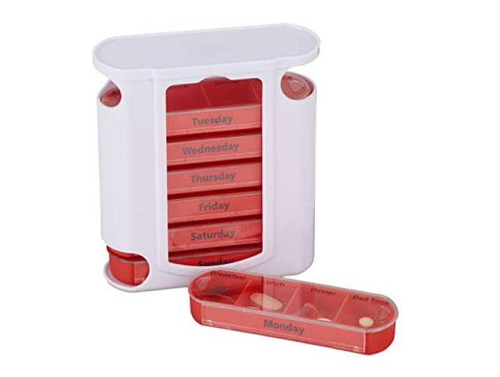 Relaxdays Pilulier 7 Jours 4 Compartiments Anglais boîte médicaments semainier Matin midi Soir Nuit\, Blanc Rouge