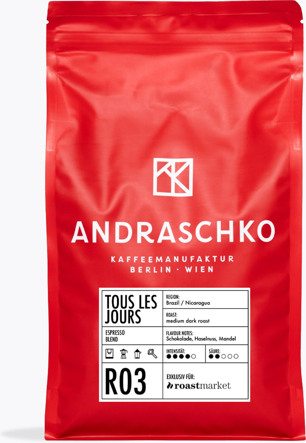 Andraschko Tous Les Jours Espresso 1 kg   Brazilië, Nicaragua   100% Arabica   Ganze Bohne   Krachtige melange voor dagelijks koffiegenot