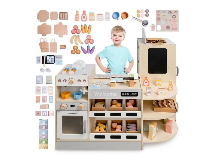 Mamabrum Kaufladen Großer Holzeckladen mit Bar für Kinder - 106 Teile