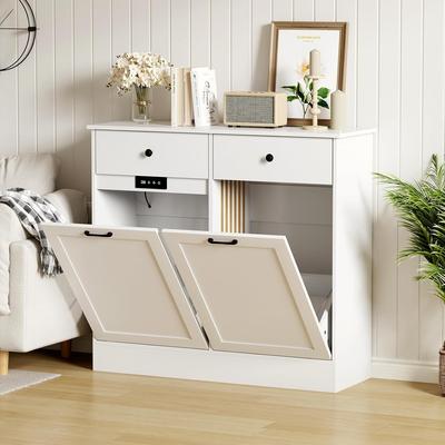 Garvee Double Tilt Out Trash Cabinet, 20 Gallon Wooden Kitchen Trash Can Cabinet with Deodorising Function