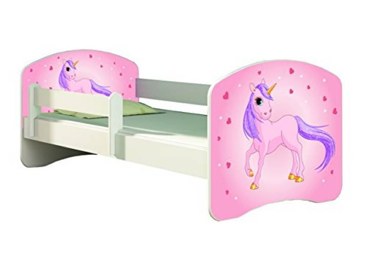 ACMA Kinderbett 160x80 Jugendbett mit Matratze, Rausfallschutz, Lattenrost Weiß, stabil, Kinderzimmer Bett, Jugendmöbel Design 17 Pony