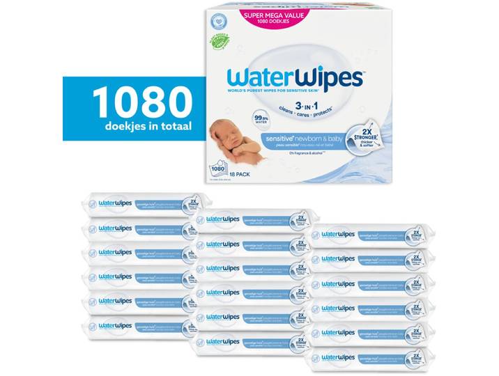 WaterWipes Billendoekjes Bio - 99\,9% Water - 18 x 60 - 1080 Babydoekjes