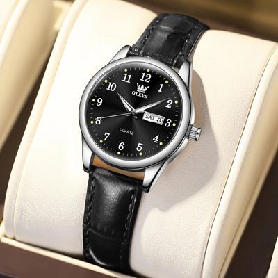 Inspire Select OLEVS Elegance Waterproof Stainless Steel Women's Quartz Watch black Leather Black