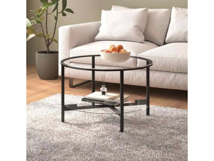 KLGBNCVE Beistelltisch Schwarz Transparent 70 cm Hartglas mit Ablage Runde Form, untere Ablage, pulverbeschichtetes Eisen, vielseitig nutzbar, modernes Design