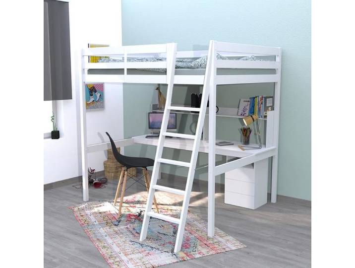 Lit mezzanine STUDIO 140x190 + 1 sommier + caisson 3 tiroirs + bureau + étagère / Blanc