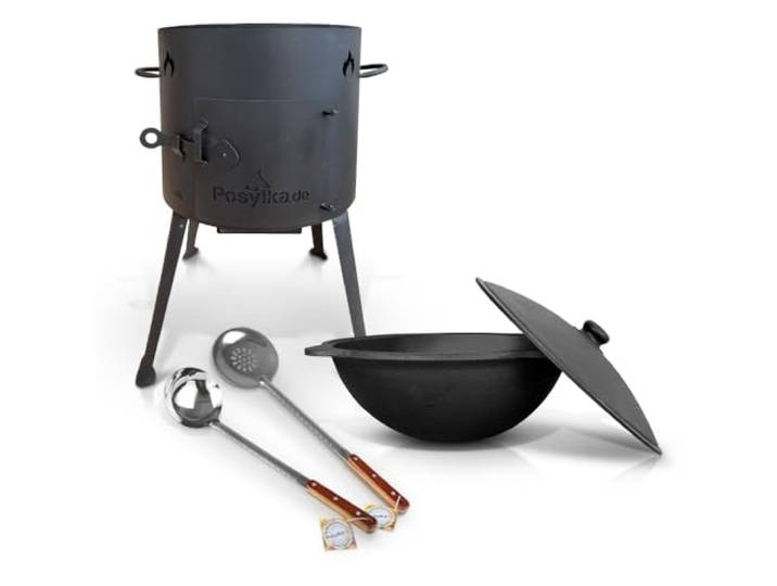 Utschak Feuerofen mit Gusseisen Topf runder Boden mit Deckel (10 L) Kazan KazanoFF, Учаг, Outdoor, Feuerschale, Camping, Kasan, Gulaschkanone Dutch Oven (Set 3)