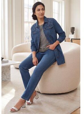 Plus Size Women's Long Denim Jacket by Jessica London in Medium Stonewash Diamond Stone (Size 26 W) Tunic Length Jean Jacket