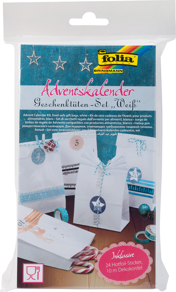 Folia Adventskalender met blanco papieren zakjes, wit