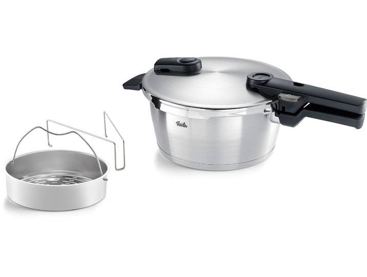 Schnellkochtopf FISSLER Vitaquick Premium Edelstahl Dampfkochtopf mit Dämpfeinsatz , silber (silberfarben), H:15cm L:39,5cm Ø:22cm, Töpfe, Schnellkochtopf, Made in Germany, mit gelochtem Einsatz