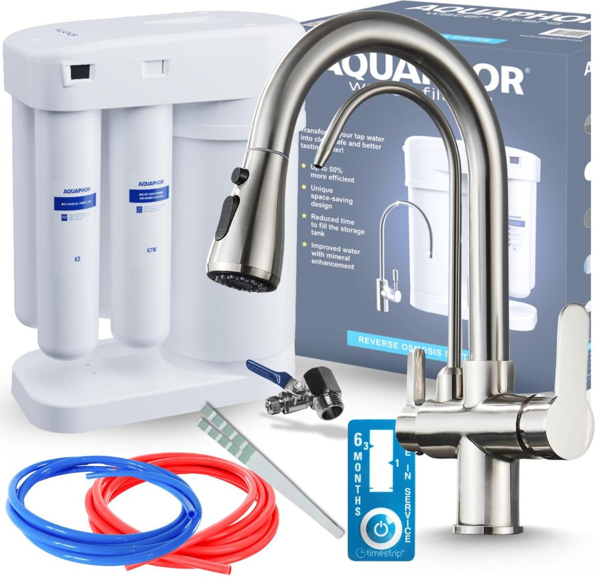 Wasserfilter Set Morion mit 3-Wege Küchenarmatur Nordic INOX, Umkehrosmose, ausziehbare Brause, 360° schwenkbar
