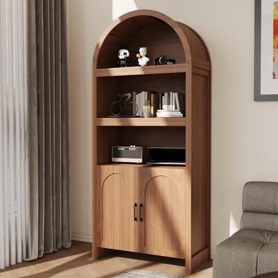 "Garvee 71"" Tall Arched Bookcase, 5-Tier Wooden Bookshelf with Doors and Adjustable Storage Shelves"