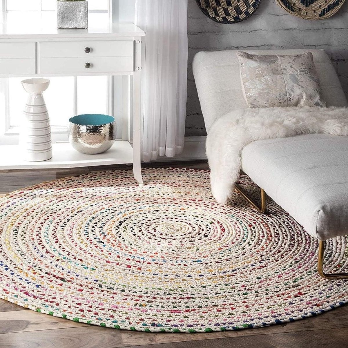 Handgeweven Boho Katoenen Vloerkleed Rond Multicolor - Diameter: 150 cm