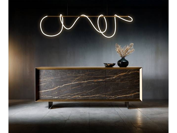 DELIFE Sideboard Yori 200 cm Metallic Gold 2 Türen 3 Schubladen schwebend Metall Schwarz Keramik Laminam®Noir Desir Braun, Sideboards