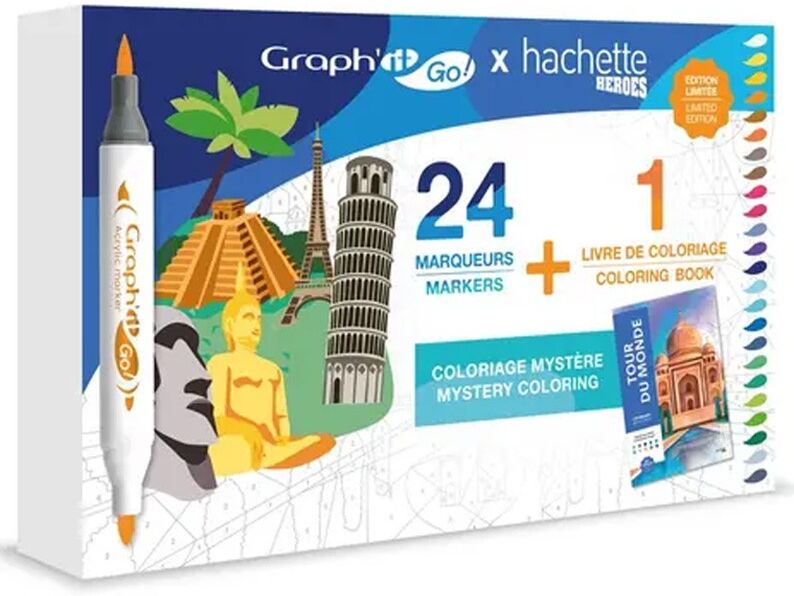 GRAPH'IT Set de 24 marqueurs + 1 livre de coloriage mystère Tour du monde