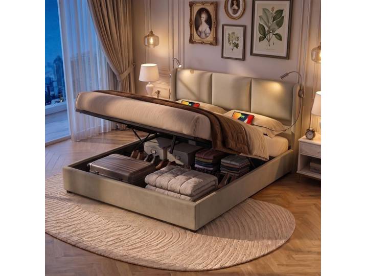 Lit Coffre160x200avec Led Lit Rembourré Hydraulique Lit Capitonné Lit Double Lit 2 Personnes Lit Pour Adulte Coffre Lin Beige