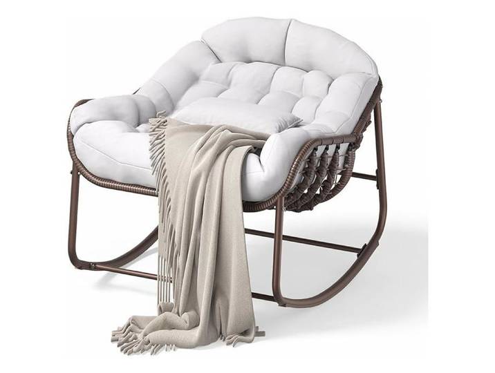 Chaise à bascule Papasan XXL rotin 204kg - Coussin épais - Cadre métal robuste - Patio balcon terrasse - Marron + écru