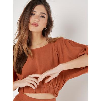 Klassische Bluse APRICOT "Crop-Top", Damen, Gr. XL (42), rot (rust), Obermaterial: 85% Viskose CV. 15% Leinen LI., unifarben, Blusen Bluse, mit Ballonärmeln