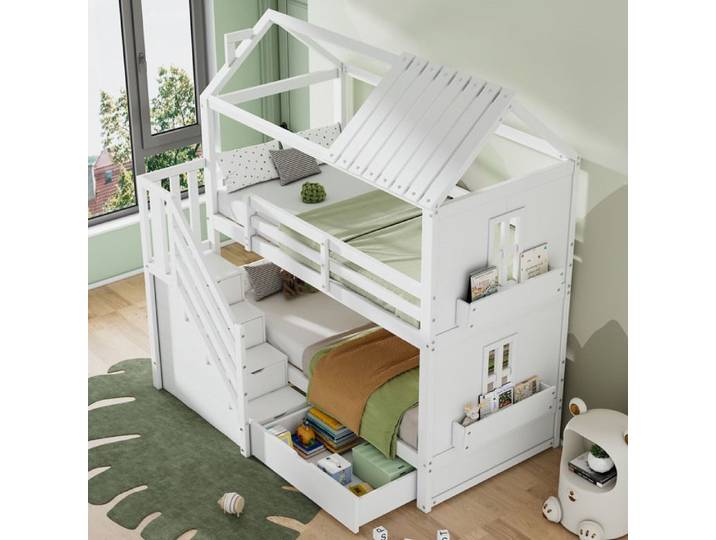 DRIPEX Lit superposé 90×200cm pour enfants Lit maison avec escalier de rangement & tiroirs & étagères Pin + MDF Blanc