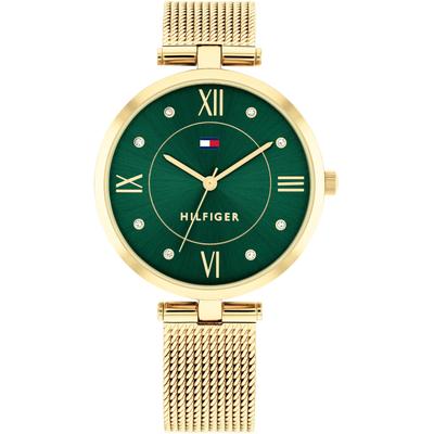 Quarzuhr TOMMY HILFIGER "ELLA", gold (goldfarben, dunkelgrün, dunkelgrün), Armbanduhren, Damen, goldfarben, Quarzuhr, Armbanduhr, Damenuhr, Glaskristalle, analog, Edelstahlarmband
