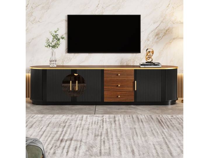 Meuble TV - ZEVKOR - Meuble TV 180 cm - 3 portes - 3 tiroirs - Décor bois noir/marron