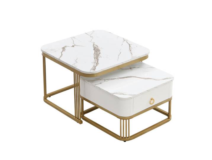 Flieks Couchtisch Stapelbar 2-tlg Hochglanz Marmoroptik Gold Akzente Schublade, Weiß, Holz, 68x26.5x72 cm, Wohnzimmer, Wohnzimmertische, Couchtische