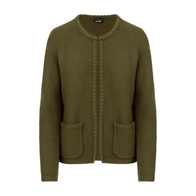 Strickjacke GOLDNER "Strickcardigan mit Häkchenverschluss", Damen, Gr. 54, khaki, Modern, gerade, Rundhals, Gerade, Strickjacken Strickjacke, Kanten mit Zierstick aus Strickband